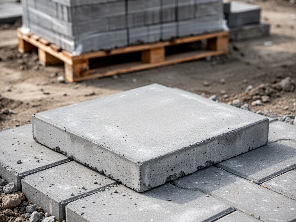 Szara betonowa płyta chodnikowa 50x50x7 cm leżąca na placu budowy, z paletą kostki w rozmytym tle.