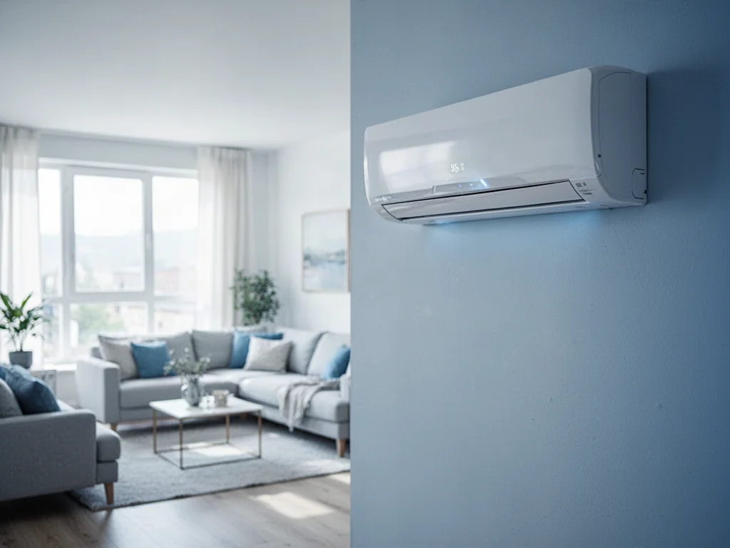 Nowoczesny klimatyzator ścienny w jasnym, minimalistycznym salonie w bloku.