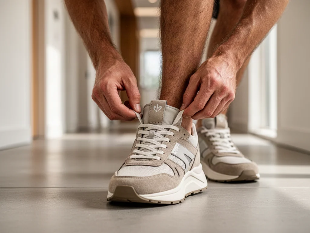 Dłonie starannie wsuwają sznurówki do wnętrza modnych sneakersów, zapewniając schludny i minimalistyczny wygląd obuwia.