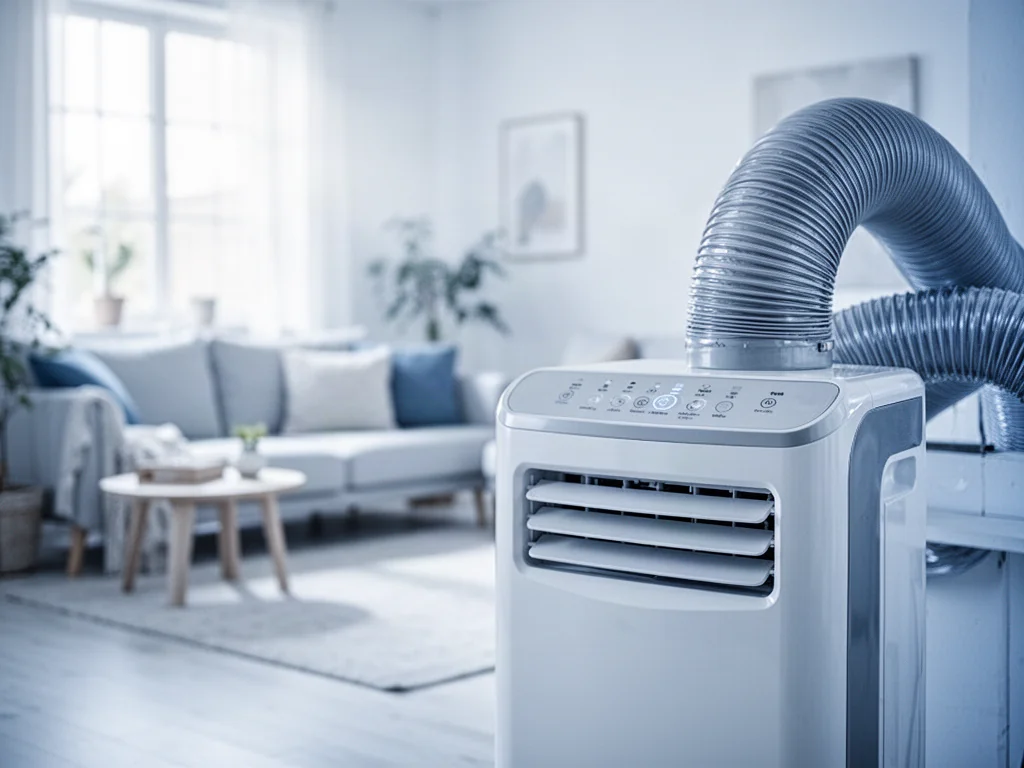 Nowoczesny klimatyzator przenośny z widoczną rurą wylotową i panelem sterowania w jasnym, minimalistycznym salonie.